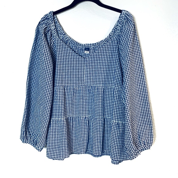 Old Navy Tiered Seersucker Long Sleeve Top XXL NEW Blue White Gingham Plaid NWT - Picture 2 of 12